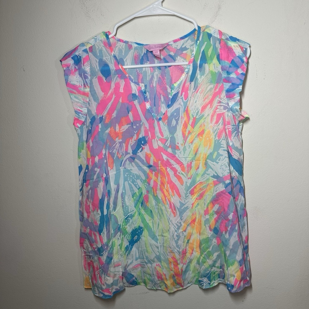 Lilly Pulitzer Shelley Top‎ Cap Sleeve Sparkling Sands Brush Stoke Shirt XXS $98